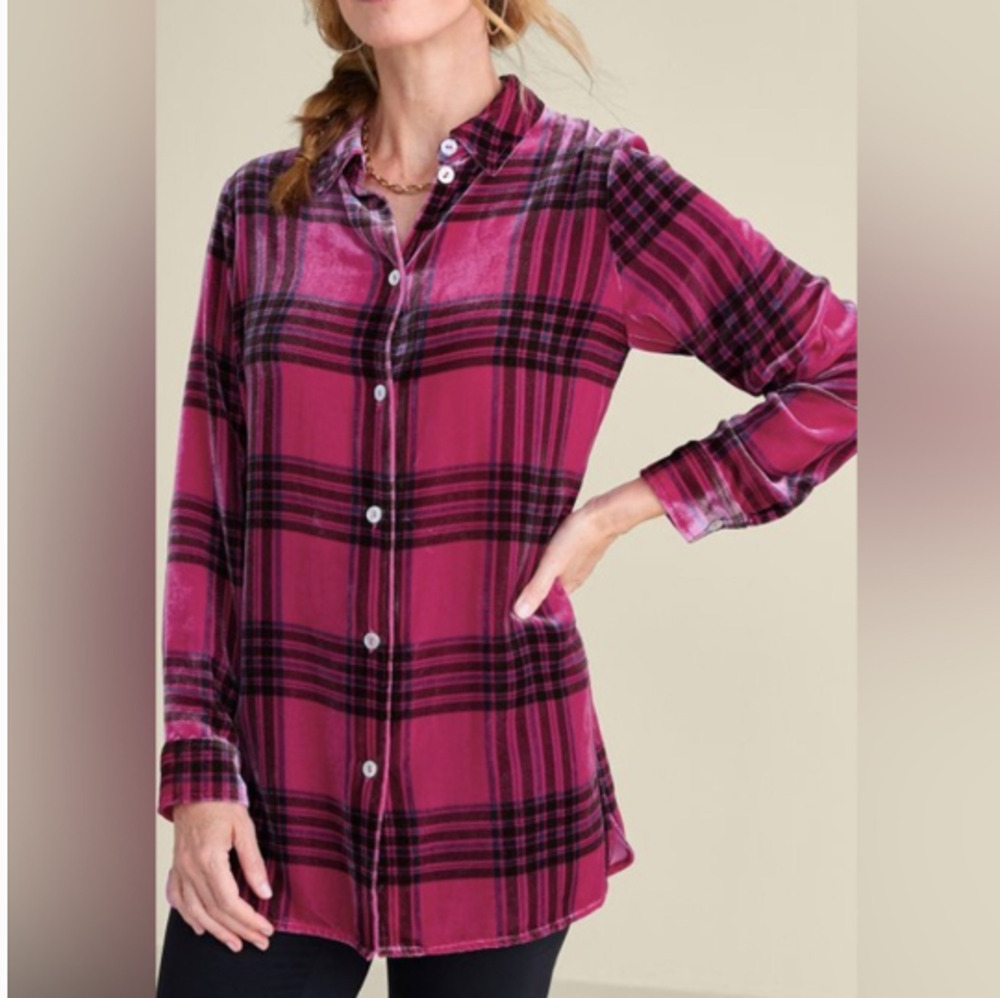 Soft Surroundings Women's 1XL Pink Velvet Plaid Shirt Rayon Silk Cabin Top